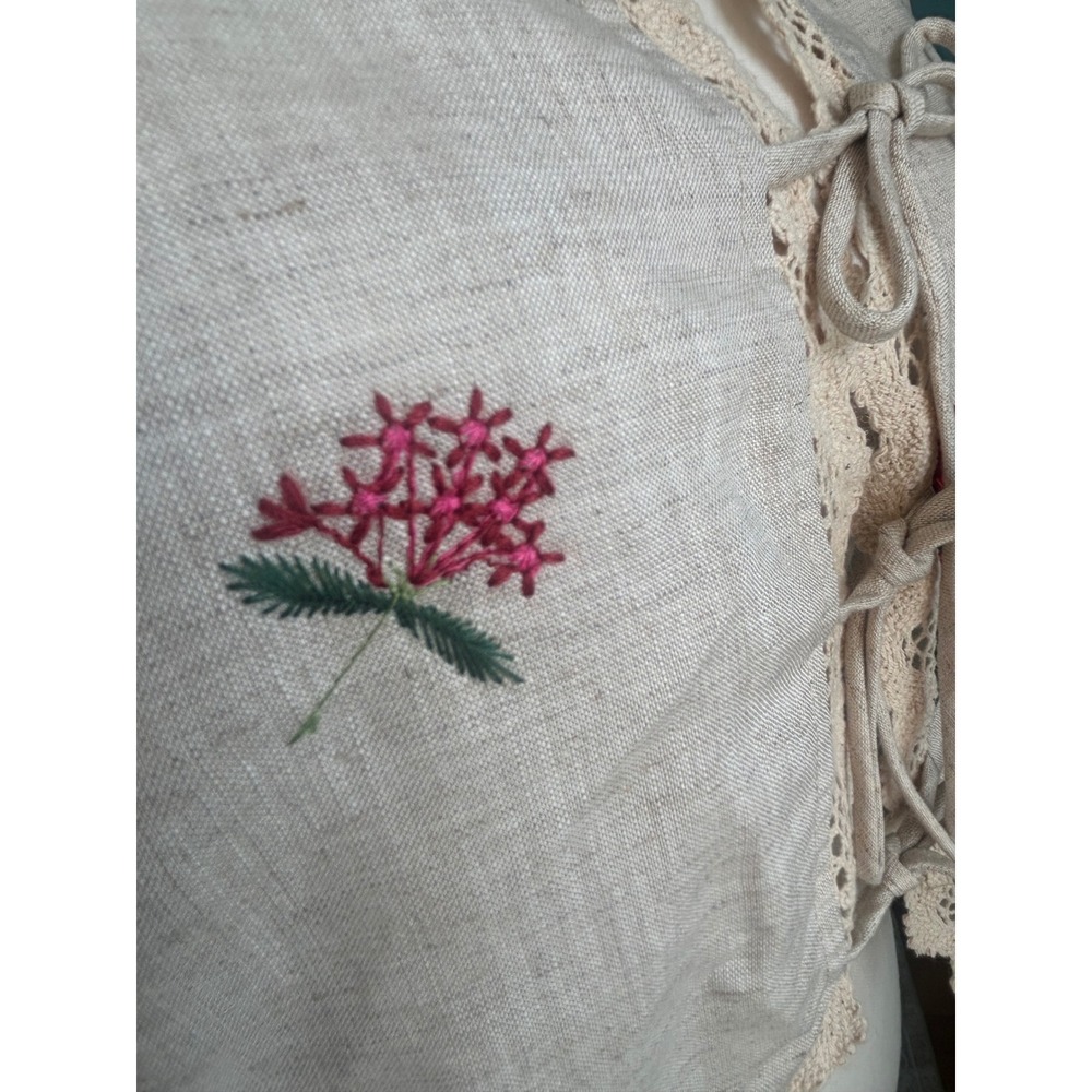 VICI Floral Embroidered Linen Blend Tie Front Lace Trim Top VC1416T Beige Small - Picture 5 of 8